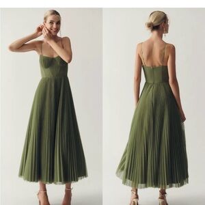 Hutch Amara Corset Pleated Tulle Fit & Flare Midi Dress Sage Green size 4